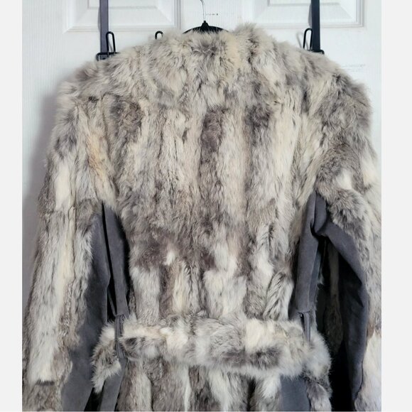 VTG Natural Rabbit Fur Long Coat Jacket w/ Belt Gray White Spotted Striped Sz L - Picture 7 of 15